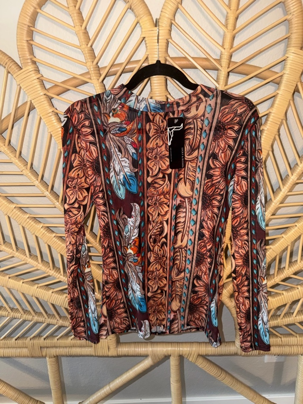 Lucky & Blessed Rust and Teal Floral-Stripe Long Sleeve Top
